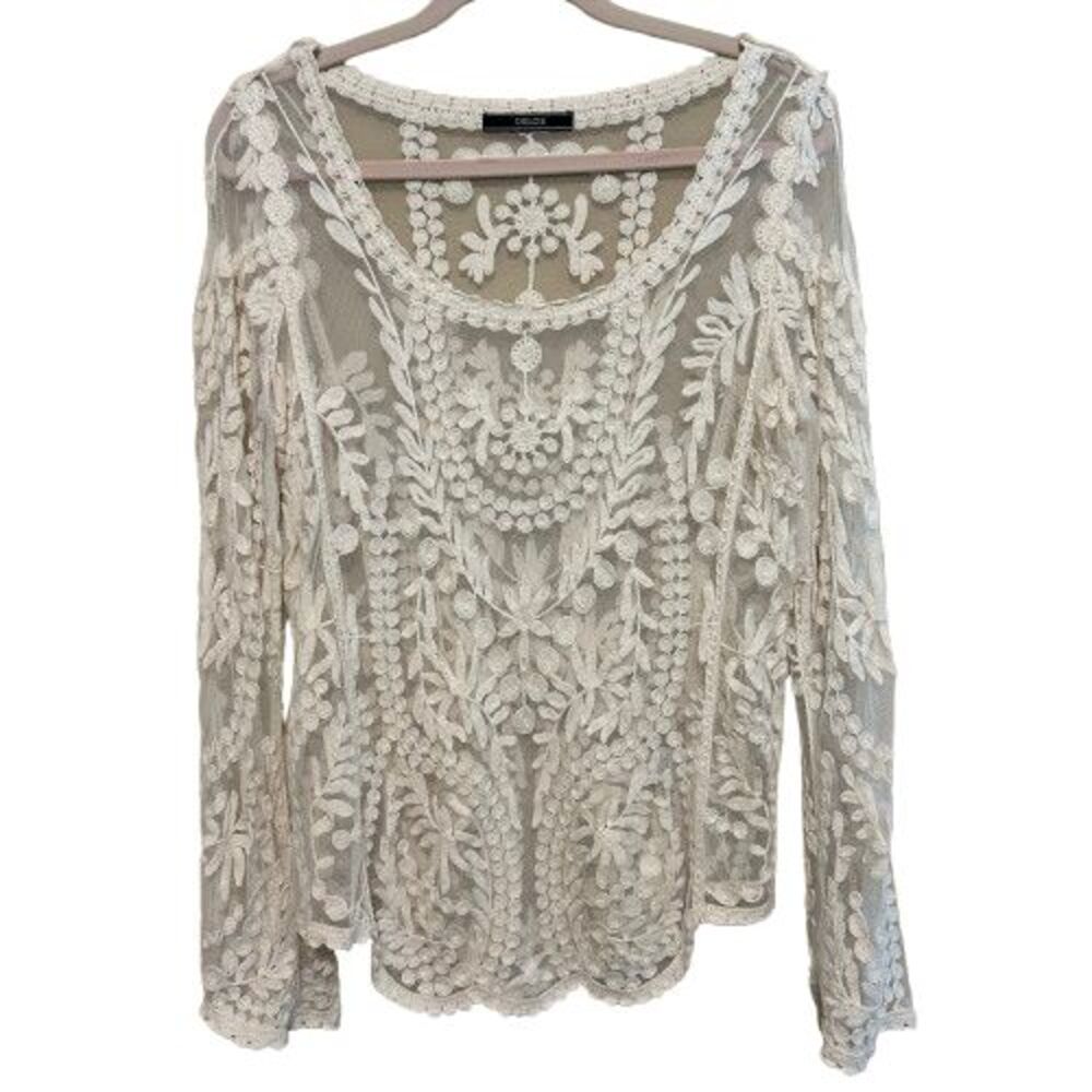 Dulcie Sheer Embroidered Lace Top Large Cream Fairy Festival Boho Cottage Hippie